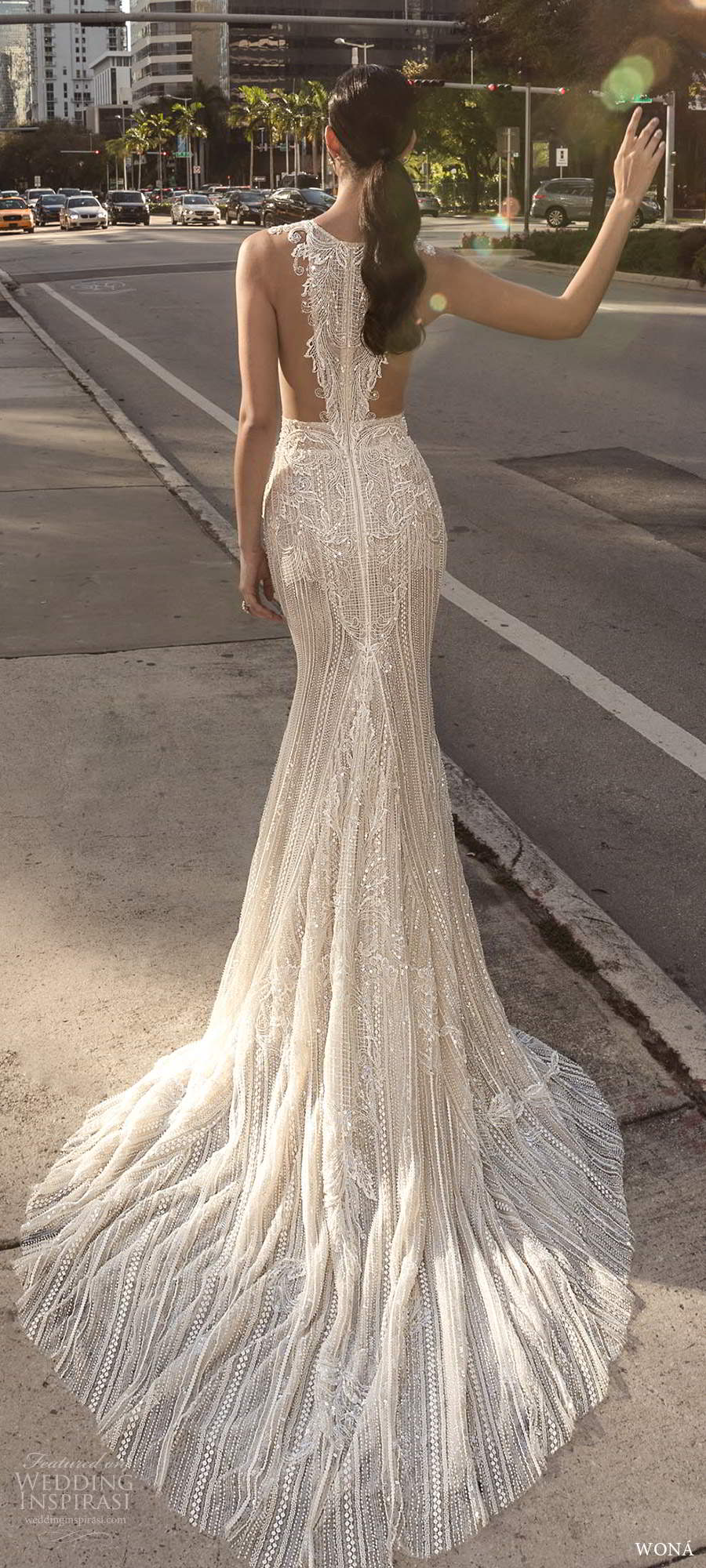 wona fall 2020 bridal sleeveless jewel neckline illusion side cutout fully embellished lace glitzy trumpet sheath wedding dress chapel train (14) bv