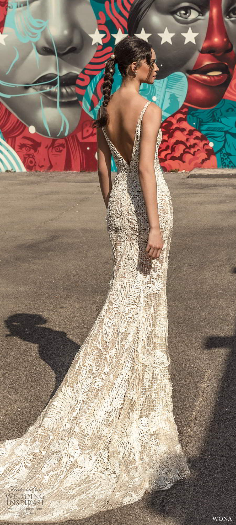 wona fall 2020 bridal sleeveless straps plunnging v neckline fully embellished glitzy sheath mermaid wedding dress v back chapel train (6) bv