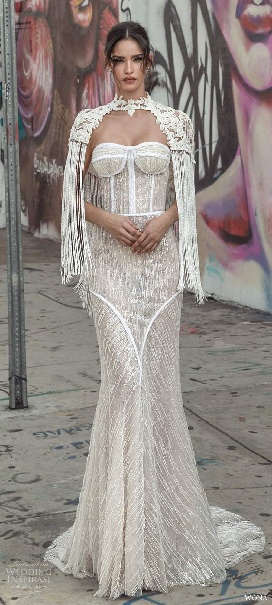 wona fall 2020 bridal strapless semi sweetheart corset bodice high neck capelet fully embellish sheath wedding dress chapel train (15) mv wona fall 2020 bridal strapless semi sweetheart corset bodice high neck capelet fully embellish sheath wedding dress chapel train (15) mv