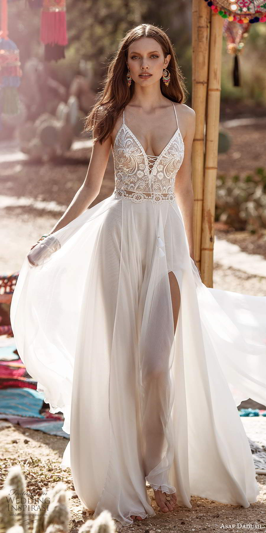 asaf dadush 2020 bridal sleeveless thin straps plunging v neckline embellished bodice clean skirt a line wedding dress slit skirt low back (3) mv