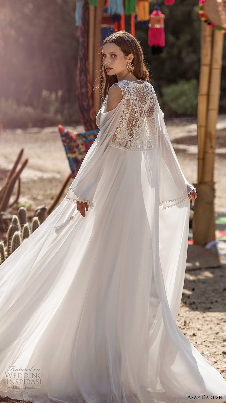 asaf dadush 2020 bridal sleeveless thin straps plunging v neckline embellished bodice clean skirt a line wedding dress slit skirt low back long sleeve jacket (3) bv