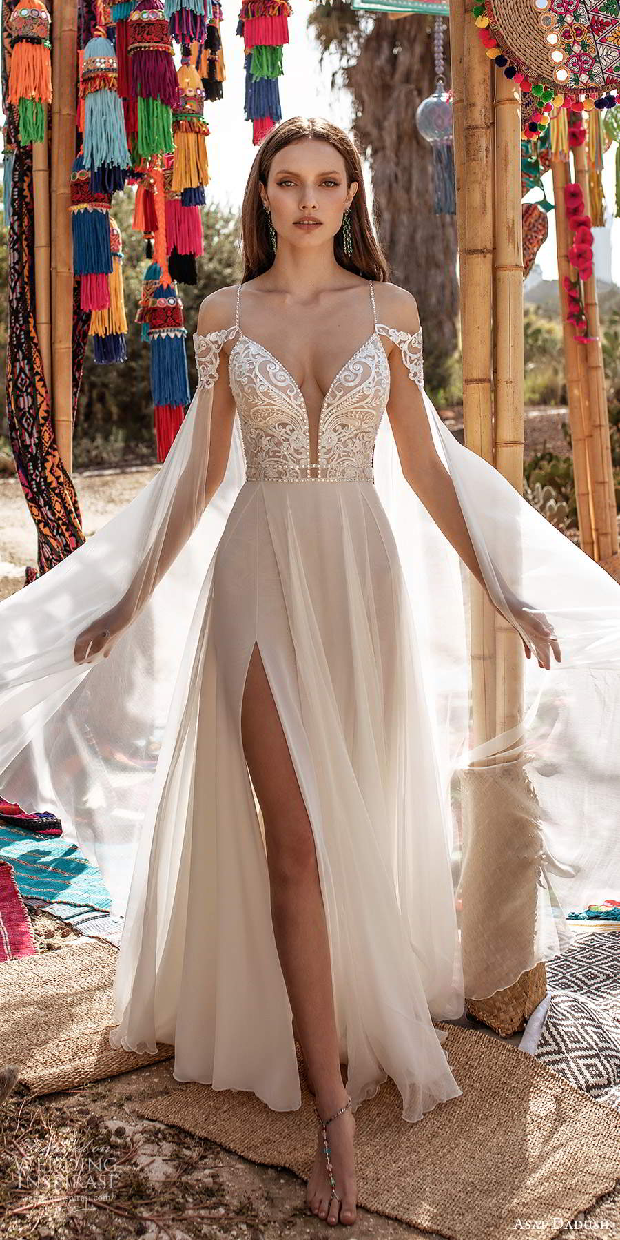 asaf dadush 2020 bridal sleeveless thin straps plunging v neckline heavily embellished bodice clean skirt a line wedding dress chapel train cape (1) mv