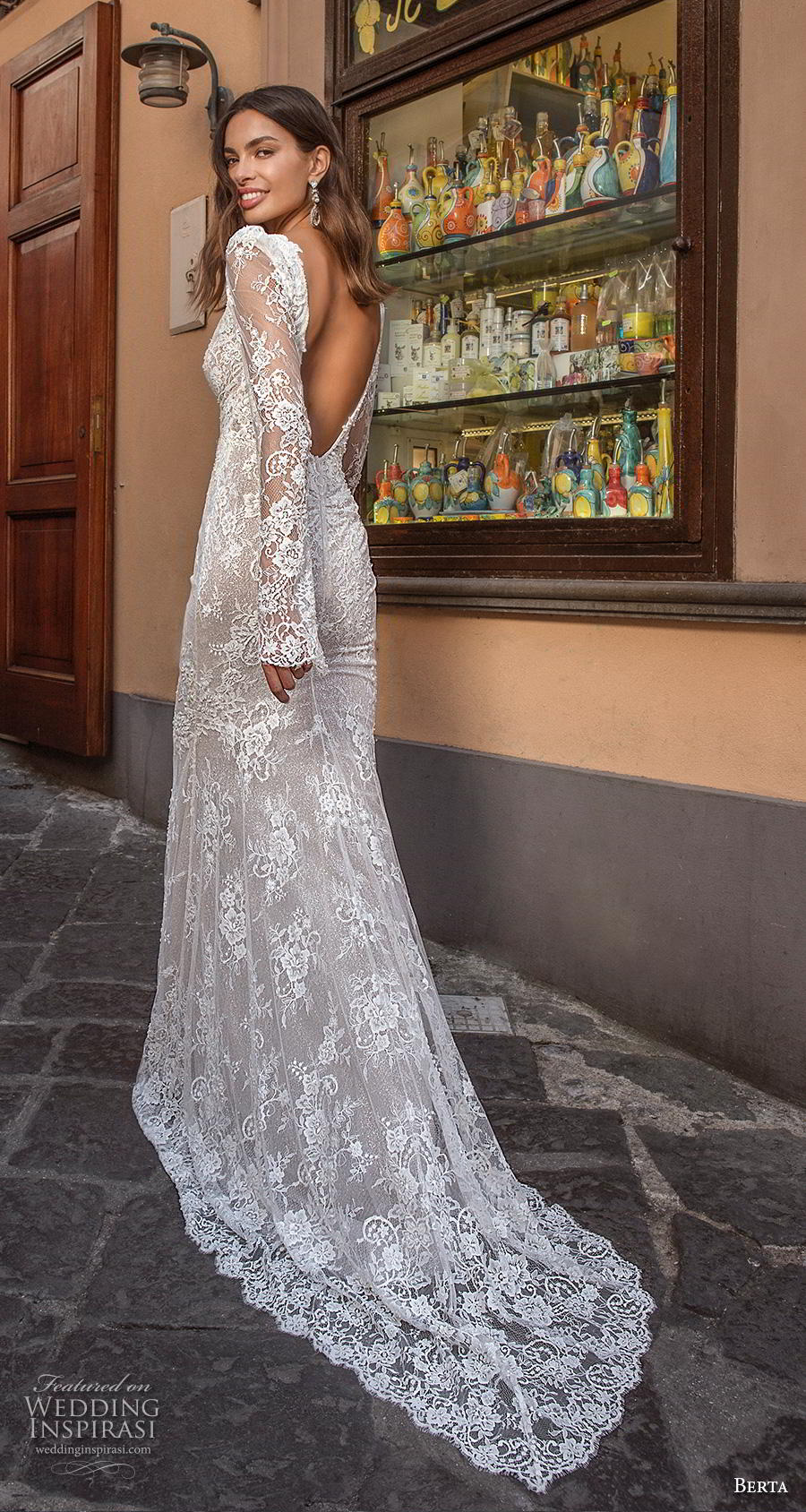 berta 2020 privee bridal long sleeves deep v neck full embellishment elegant fit and flare wedding dress backless low back medium train (10) bv