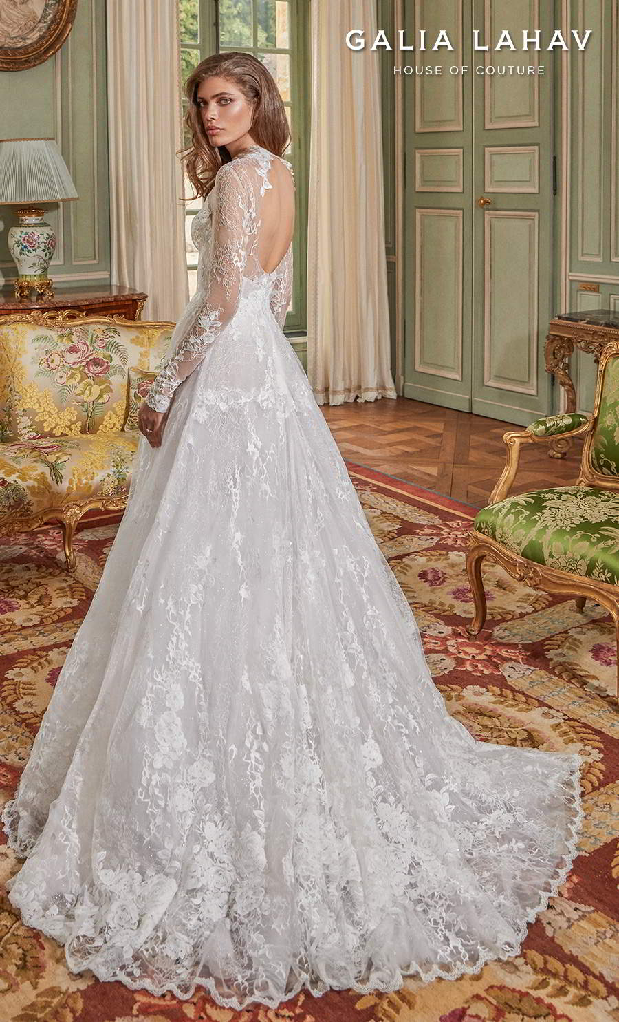 galia lahav fall 2020 bridal long sleeves illusion high neck sweetheart neckline full embellishment romantic elegant a  line wedding dress keyhole back medium train (estee) bv