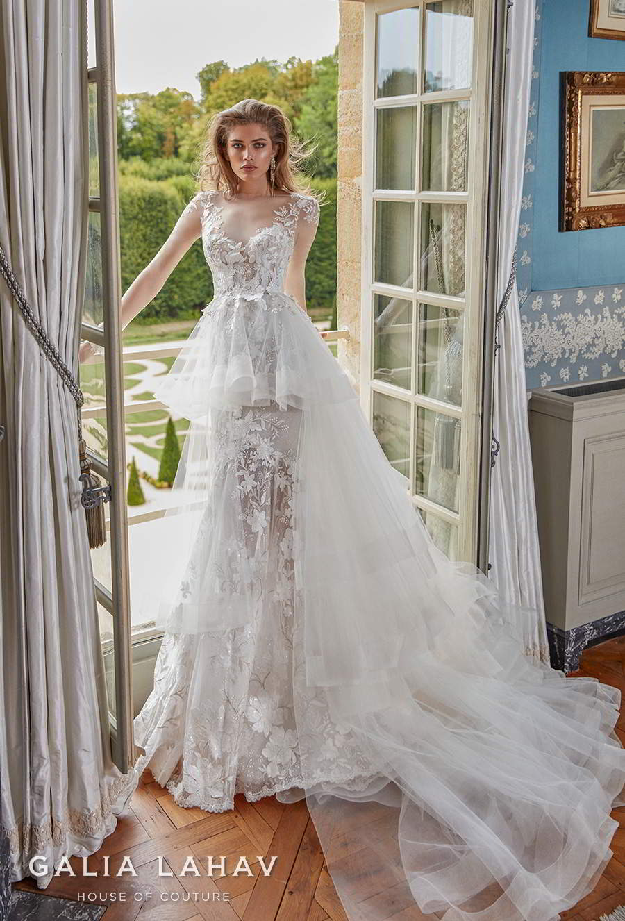 galia lahav fall 2020 bridal long sleeves illusion jewel sweetheart neckline full embellishment romantic fit and flare wedding dress a  line overskirt sheer back chapel train (judy) mv