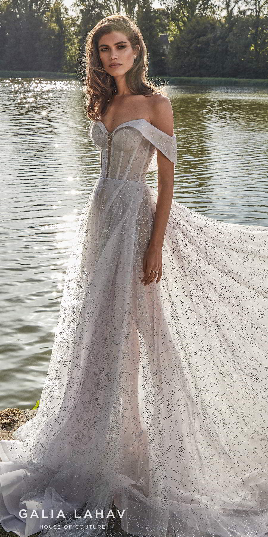 galia lahav fall 2020 bridal off the shoulder sweetheart neckline full embellishment bustier glamorous elegant a  line wedding dress mid back chapel train (aretha) lv