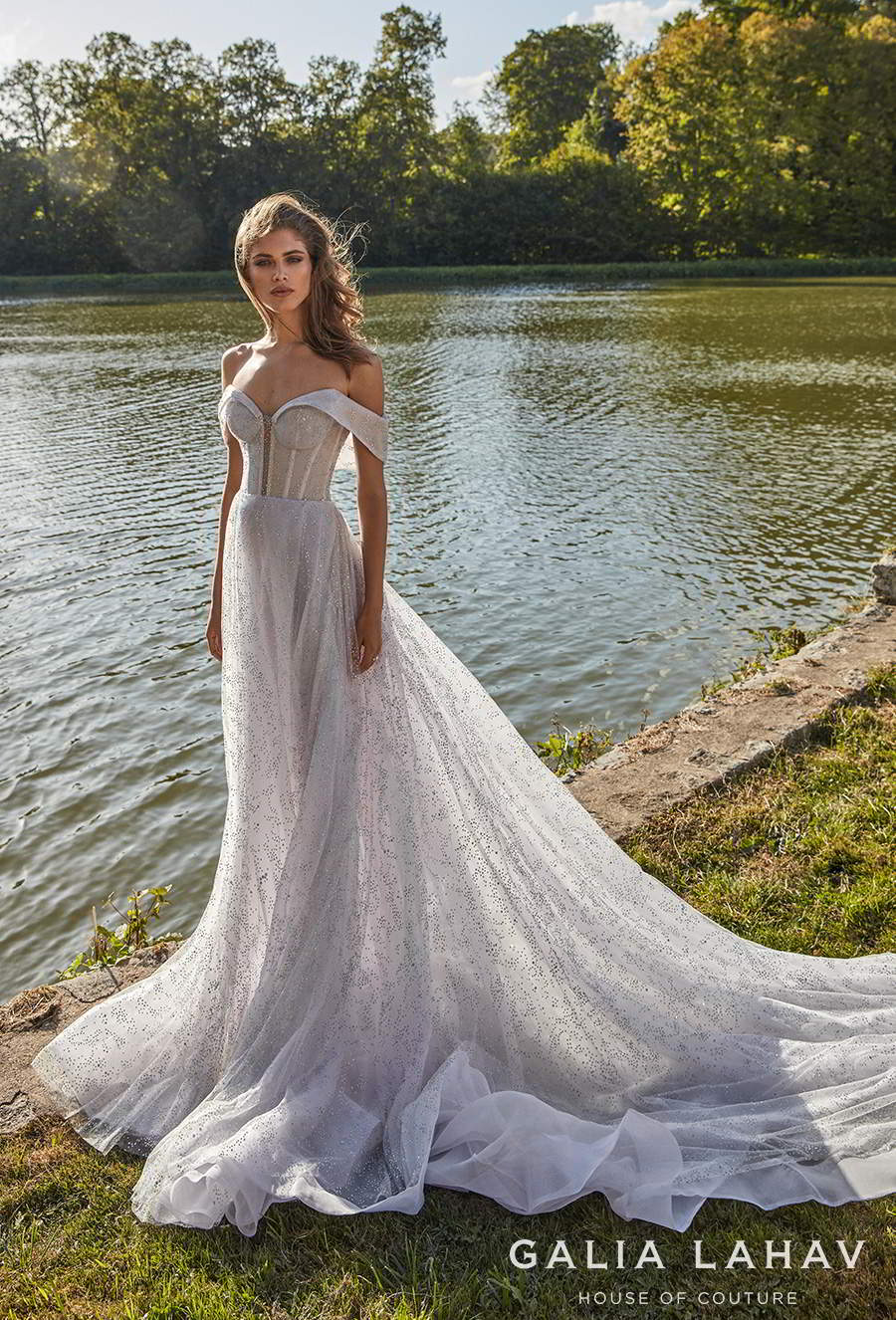 galia lahav fall 2020 bridal off the shoulder sweetheart neckline full embellishment bustier glamorous elegant a  line wedding dress mid back chapel train (aretha) mv