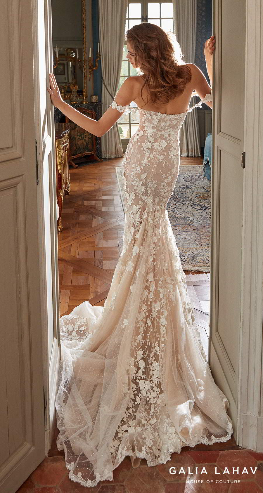 galia lahav fall 2020 bridal off the shoulder sweetheart neckline full embellishment romantic fit and flare sheath wedding dress mid back chapel train (maya) bv