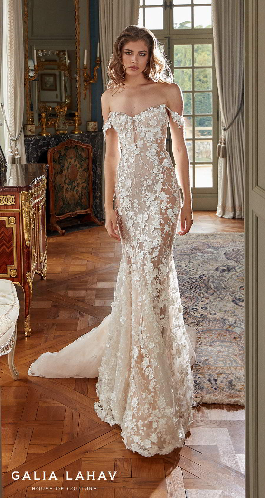 galia lahav fall 2020 bridal off the shoulder sweetheart neckline full embellishment romantic fit and flare sheath wedding dress mid back chapel train (maya) mv