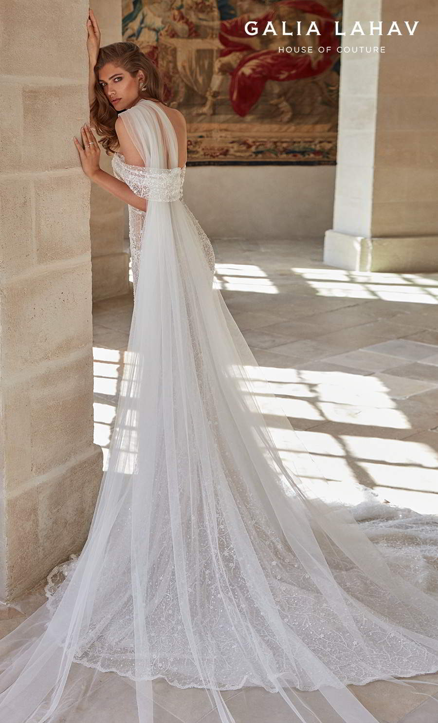 galia lahav fall 2020 bridal one shoulder sweetheart neckline full embellishment glamorous sexy fit and flare wedding dress mid back chapel train (simone) bv 