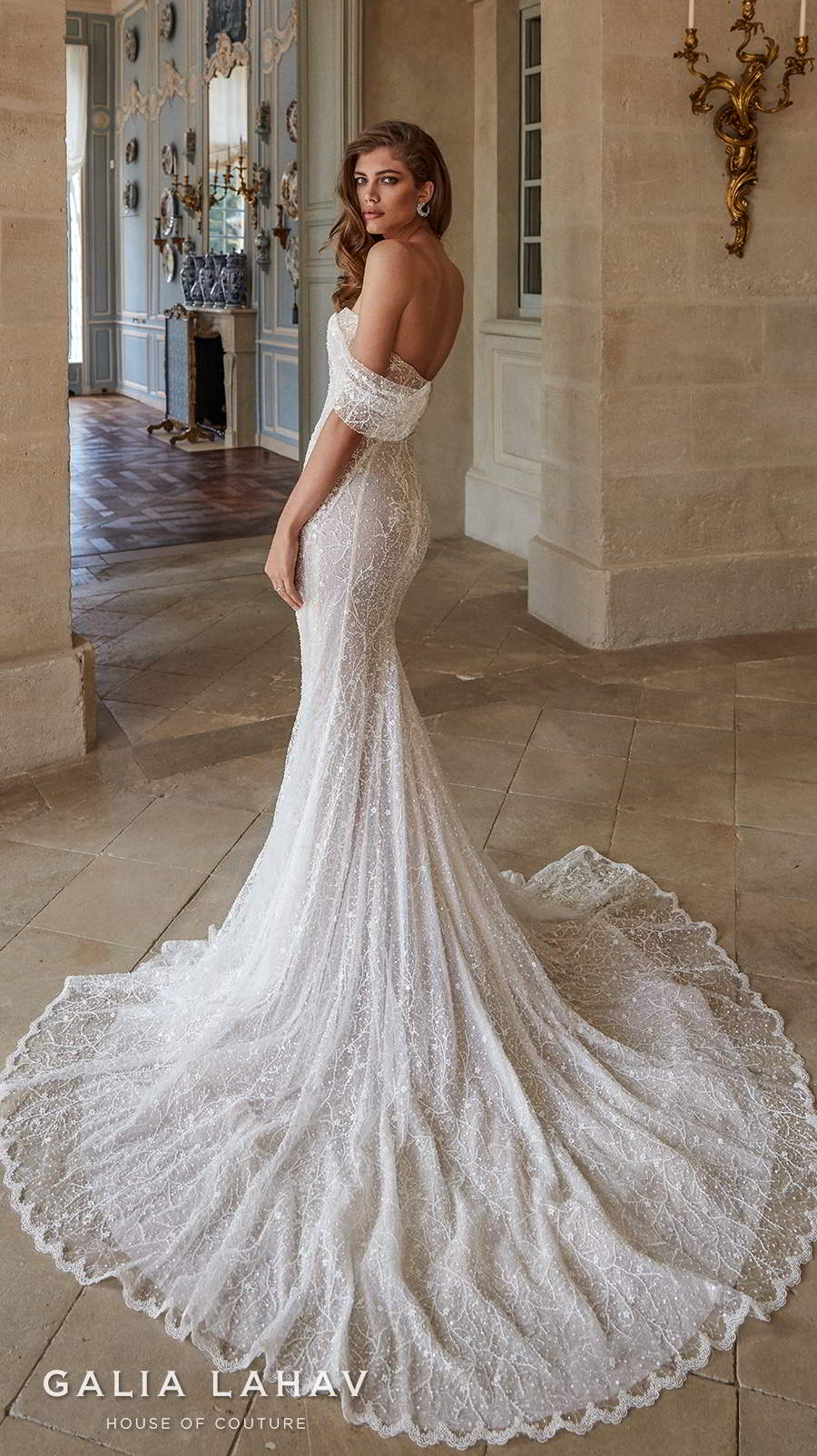 galia lahav fall 2020 bridal one shoulder sweetheart neckline full embellishment glamorous sexy fit and flare wedding dress mid back chapel train (simone) bv