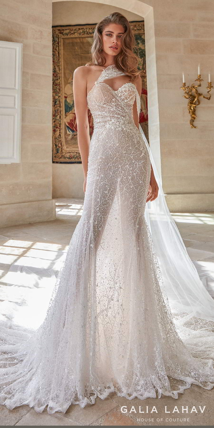 galia lahav fall 2020 bridal one shoulder sweetheart neckline full embellishment glamorous sexy fit and flare wedding dress mid back chapel train (simone) lv