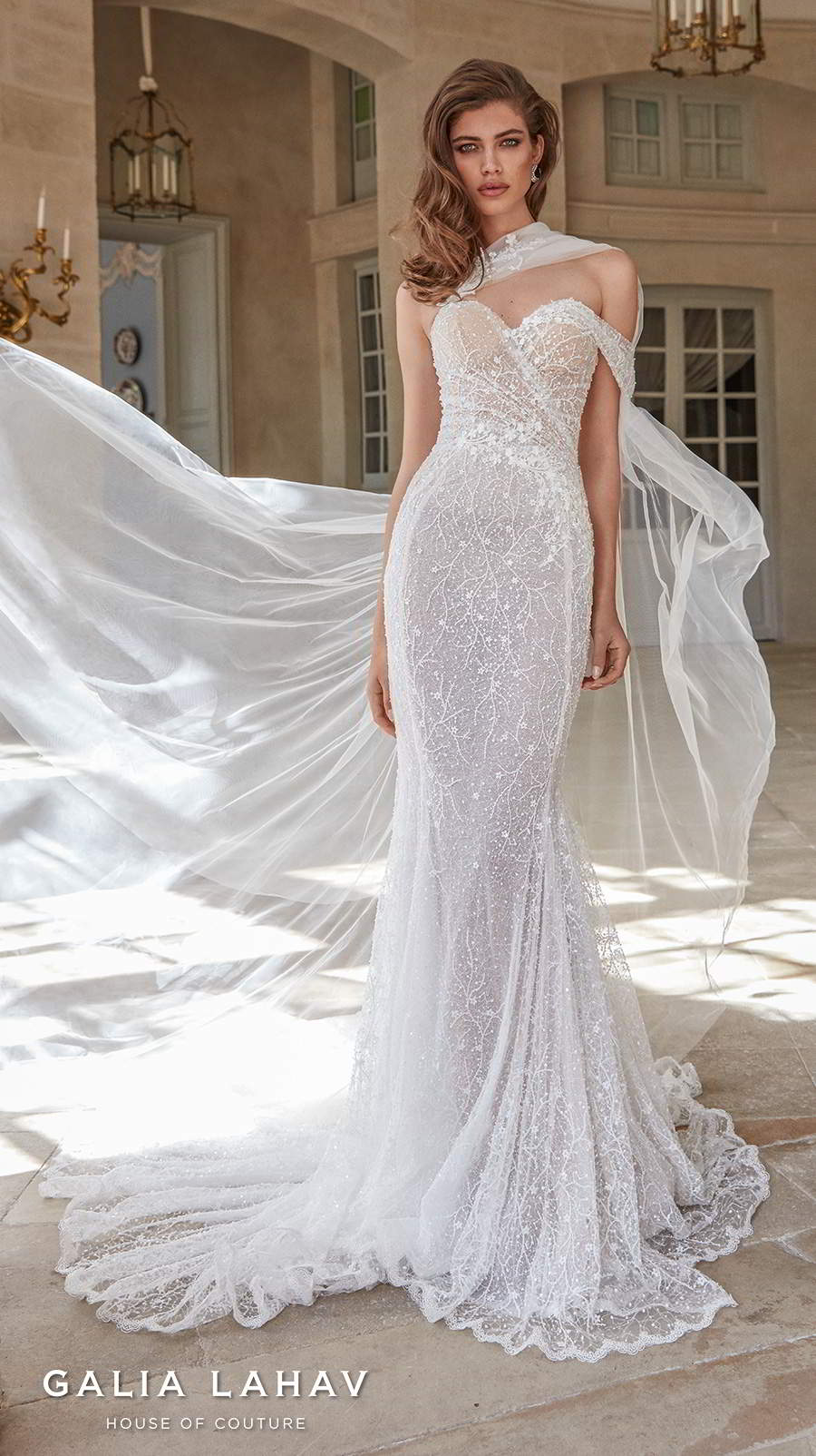 galia lahav fall 2020 bridal one shoulder sweetheart neckline full embellishment glamorous sexy fit and flare wedding dress mid back chapel train (simone) mv