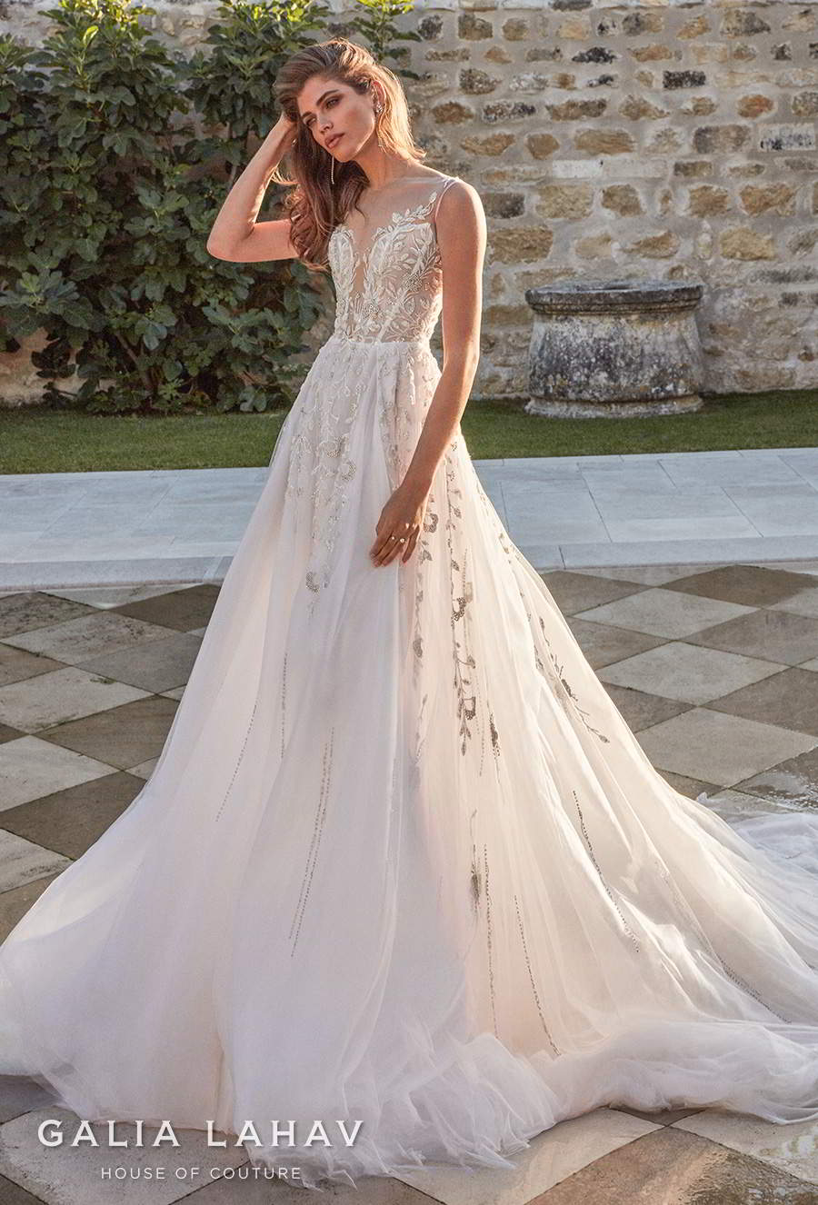 galia lahav fall 2020 bridal sleeveless illusion bateau deep plunging sweetheart neckline heavily embellished bodice romantic a  line wedding dress chapel train (rosa) mv