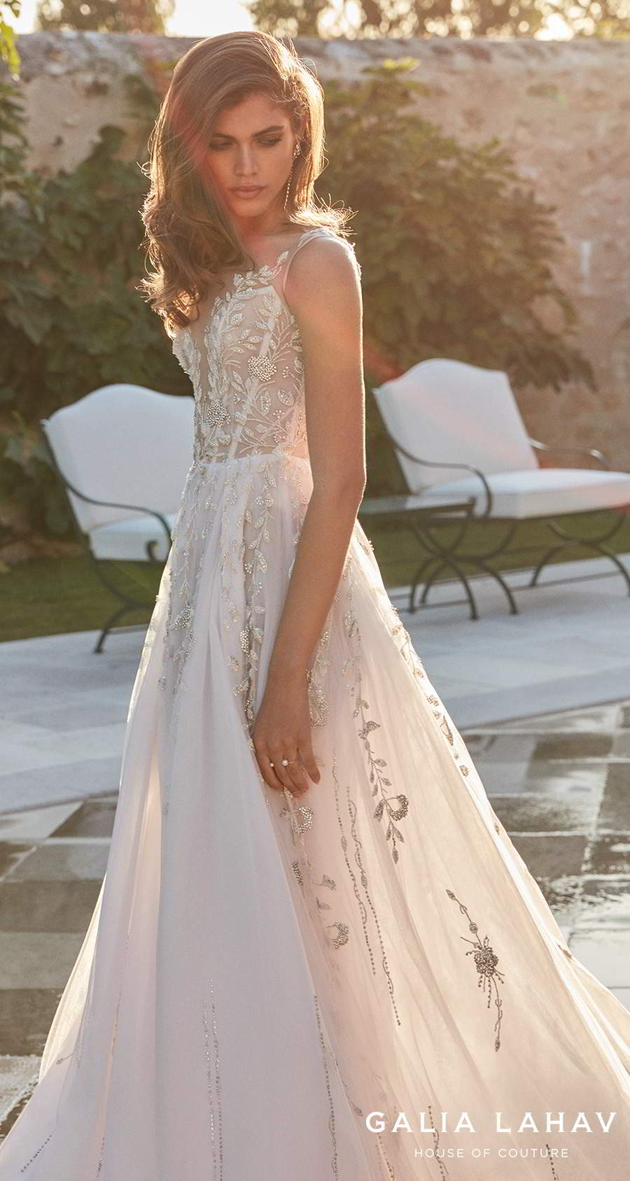 galia lahav fall 2020 bridal sleeveless illusion bateau deep plunging sweetheart neckline heavily embellished bodice romantic a  line wedding dress chapel train (rosa) sdv