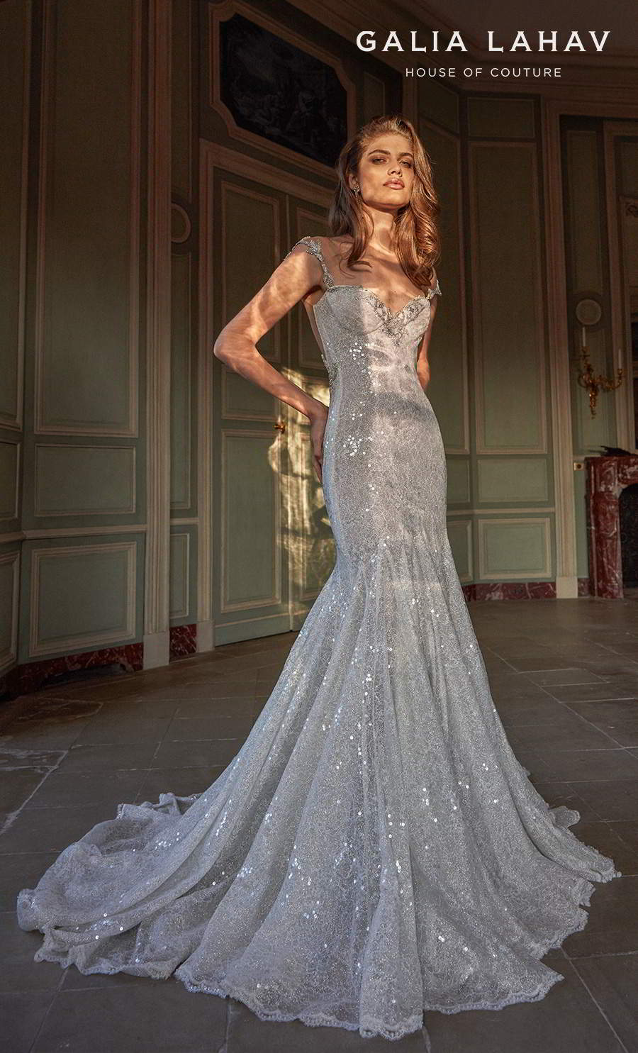 galia lahav fall 2020 bridal sleeveless thin strap sweetheart neckline light embellishment glitter glamorous trumpet wedding dress backless low back medium train (ella) mv