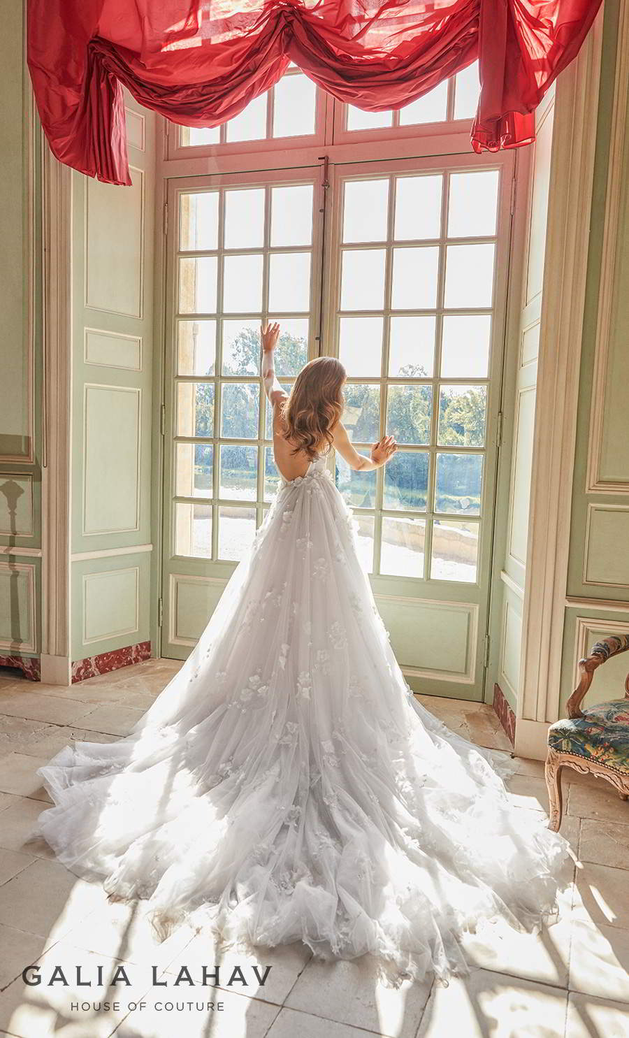 galia lahav fall 2020 bridal strapless plunging sweetheart neckline heavily embellished bodice slit skirt fit and flare wedding dress a  line overskirt low back chapel train (ruth) bv