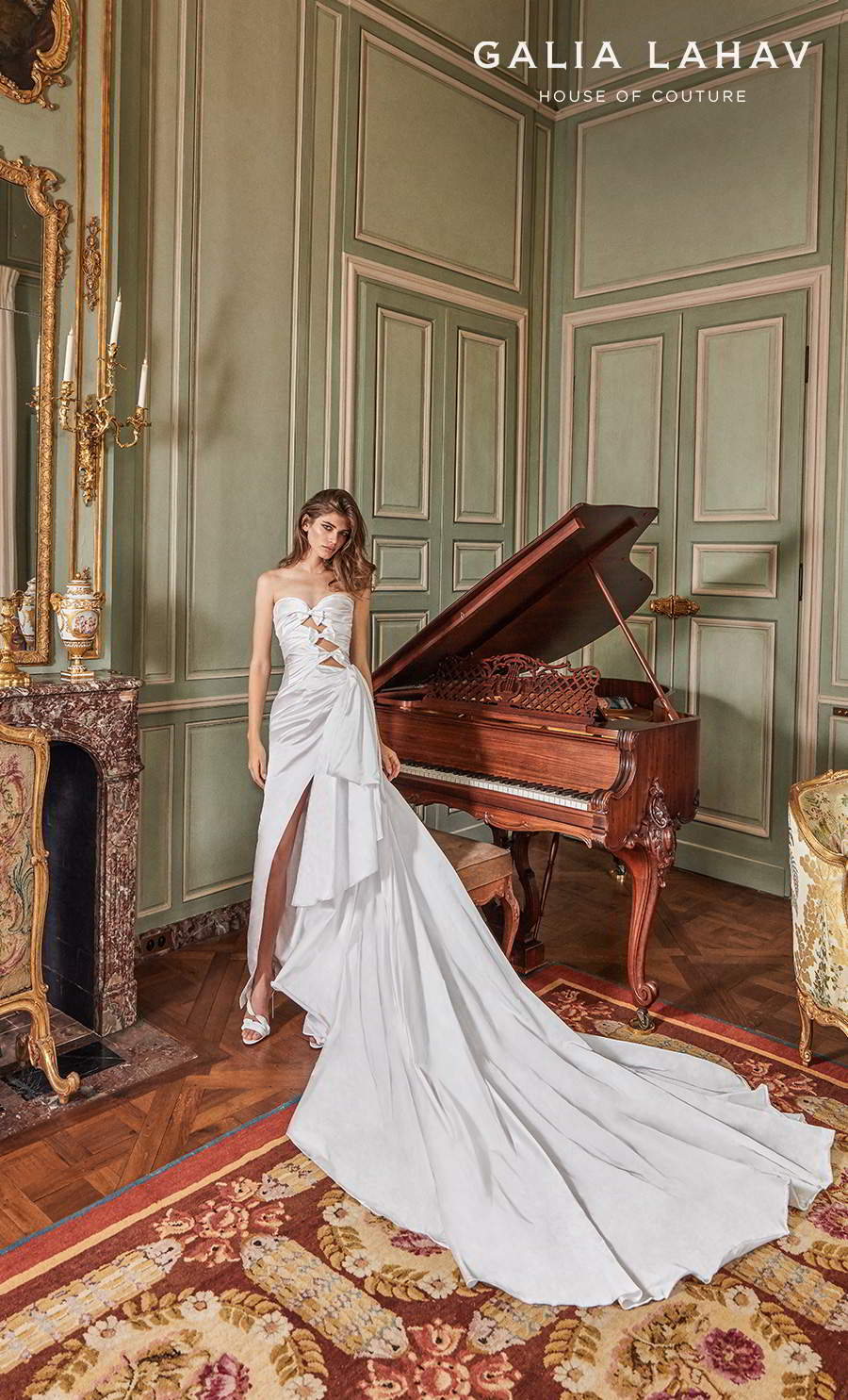 galia lahav fall 2020 bridal strapless sweetheart neckline cutout ruched bodice slit skirt sexy modern sheath wedding dress royal train (margaret) mv 