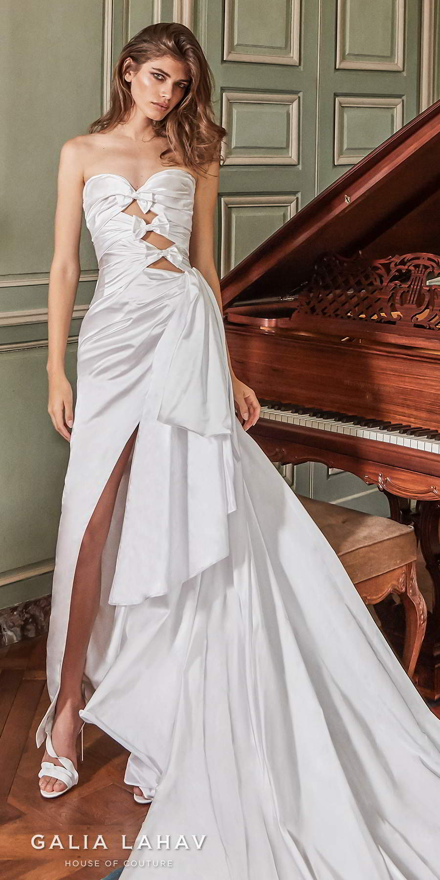 galia lahav fall 2020 bridal strapless sweetheart neckline cutout ruched bodice slit skirt sexy modern sheath wedding dress royal train (margaret) zv 