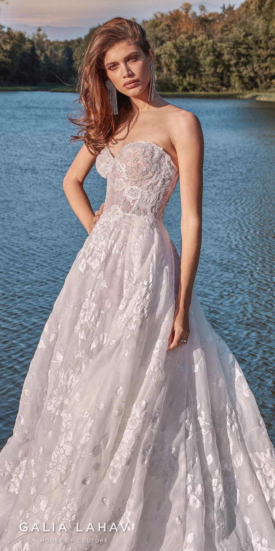 galia lahav fall 2020 bridal strapless sweetheart neckline full embellishment romantic a  line wedding dress mid back chapel train (meghan) zv lv