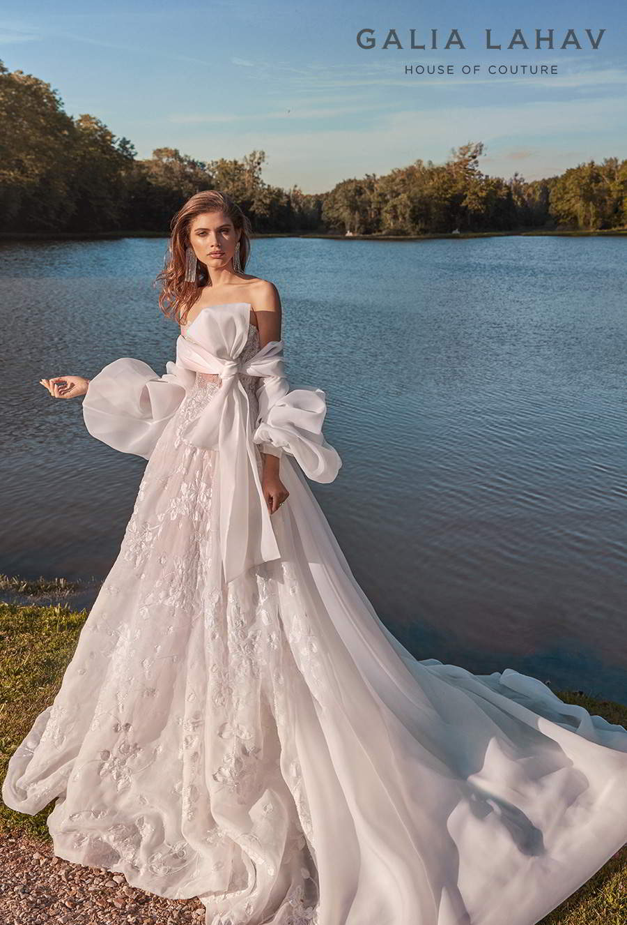 galia lahav fall 2020 bridal strapless sweetheart neckline full embellishment romantic a  line wedding dress with cape mid back chapel train (meghan) mv