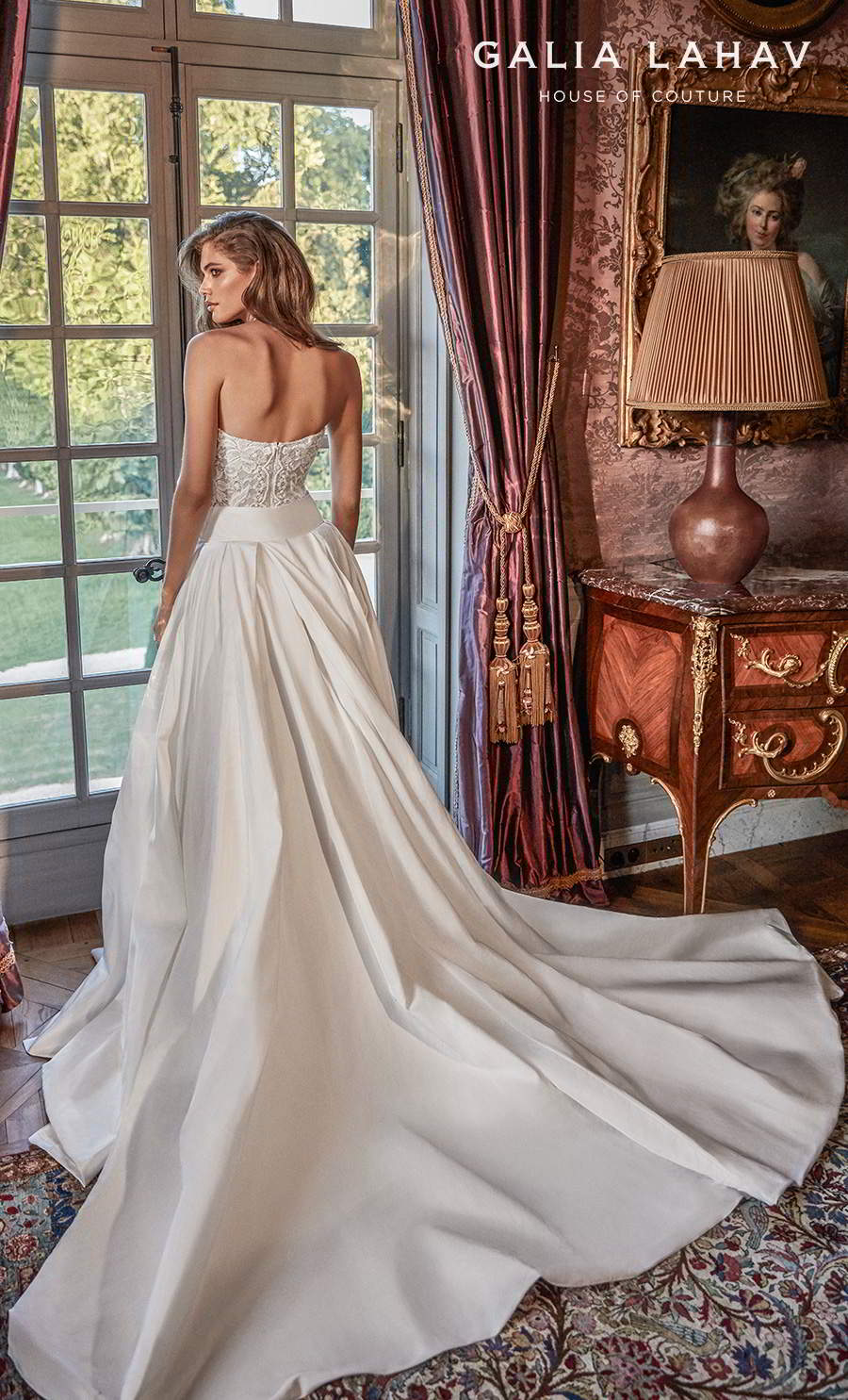 galia lahav fall 2020 bridal strapless sweetheart neckline full embellishment slit skirt sexy romantic sheath wedding dress a  line overskirt mid back chapel train (joanne) bv