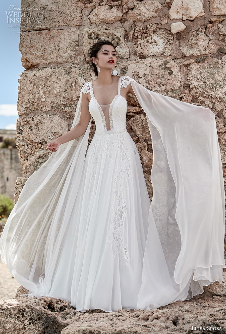 luisa sposa 2020 bridal cap sleeves floor length hanging sleeves deep plunging v neck heavily embellished bodice goddess grecian a  line wedding dress backless sweep train (20) mv