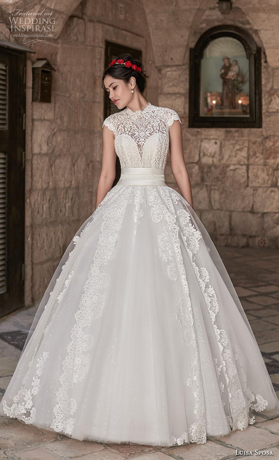 luisa sposa 2020 bridal cap sleeves illusion high neck sweetheart neck heavily embellished bodice princess ball gown a  line wedding dress (3) mv