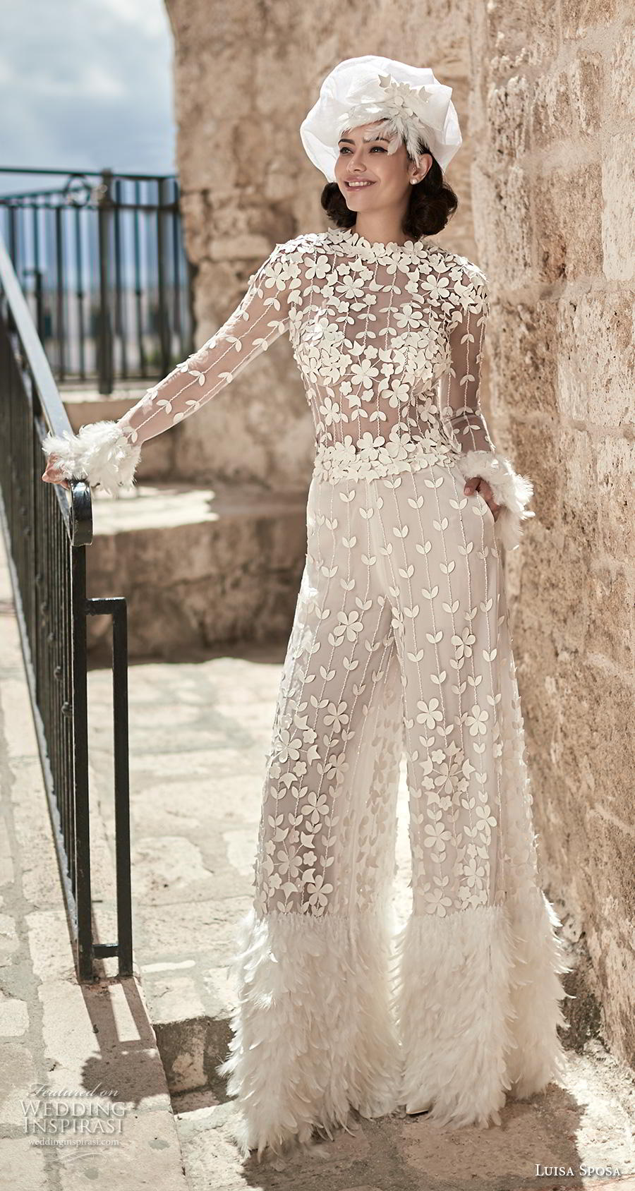 luisa sposa 2020 bridal long sleeves jewel neck full embellishment modern jumpsuit (10) mv