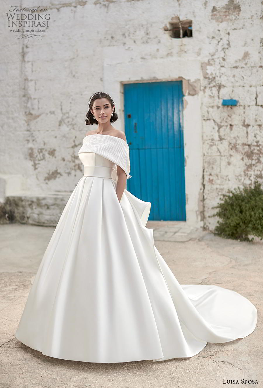 luisa sposa 2020 bridal off the should straight across neckline simple minimalist elegant a line wedding dress with pockets backless chapel train (4) mv luisa sposa 2020 bridal off the should straight across neckline simple minimalist elegant a line wedding dress with pockets backless chapel train (4) mv