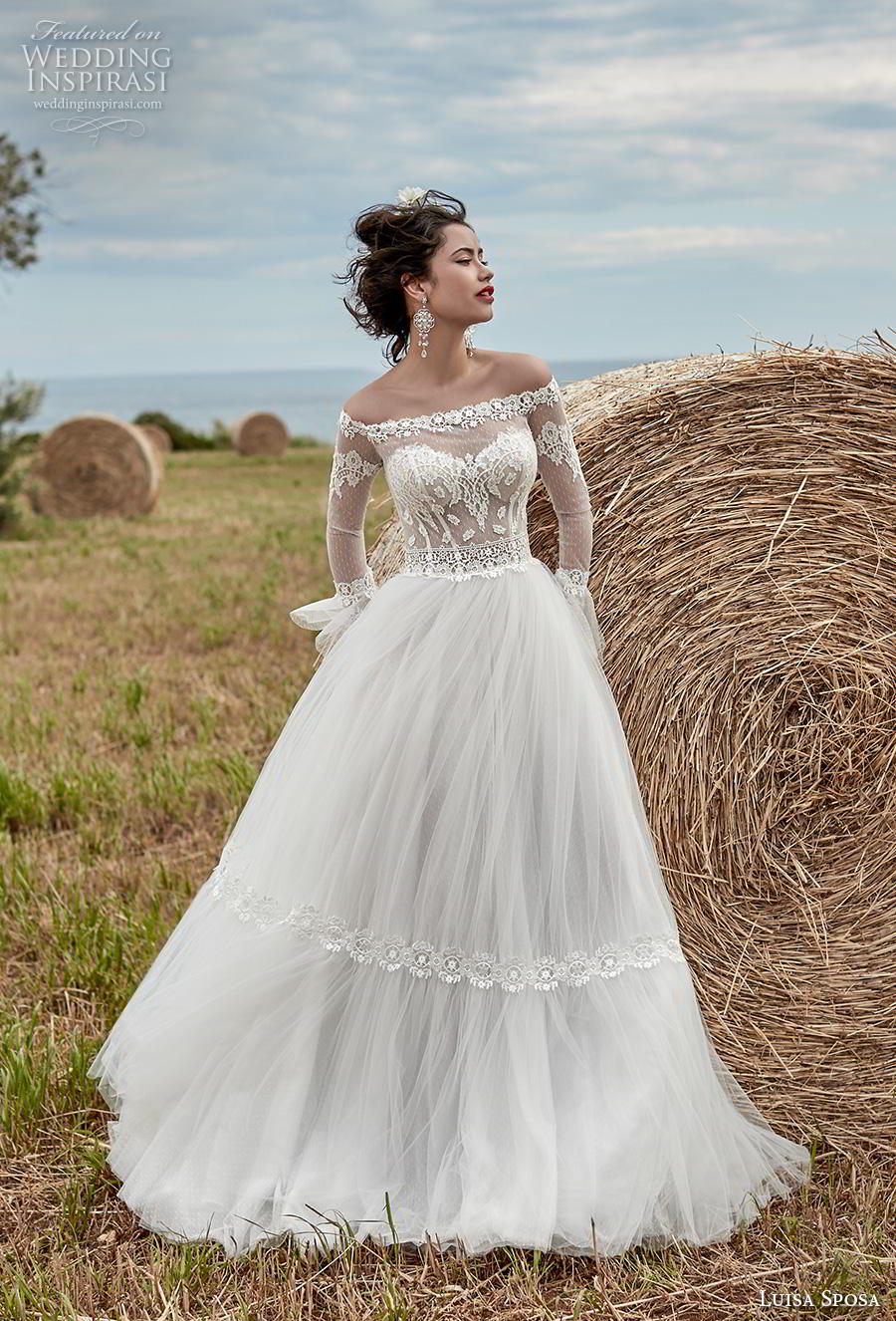 luisa sposa 2020 bridal off the shoulder long poet sleeves heavily embellished bodice tulle skirt romantic a  line wedding dress (22) mv