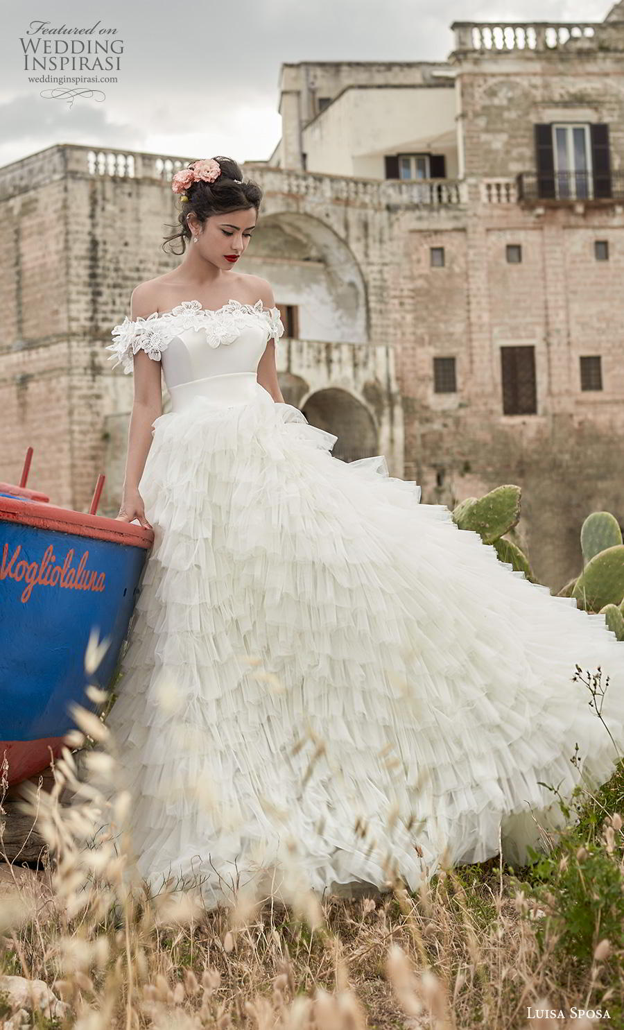 luisa sposa 2020 bridal off the shoulder straight across neckline ruffled skirt romantic a line wedding dress (12) mv luisa sposa 2020 bridal off the shoulder straight across neckline ruffled skirt romantic a line wedding dress (12) mv