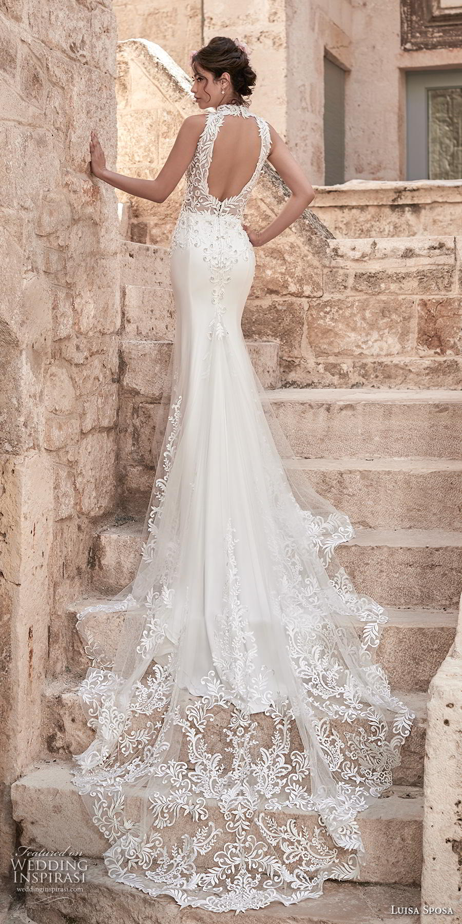 luisa sposa 2020 bridal sleeveless halter neck illusion v neck heavily embellished bodice slit skirt elegant sexy fit and flare wedding dress chapel train (2) bv luisa sposa 2020 bridal sleeveless halter neck illusion v neck heavily embellished bodice slit skirt elegant sexy fit and flare wedding dress chapel train (2) bv
