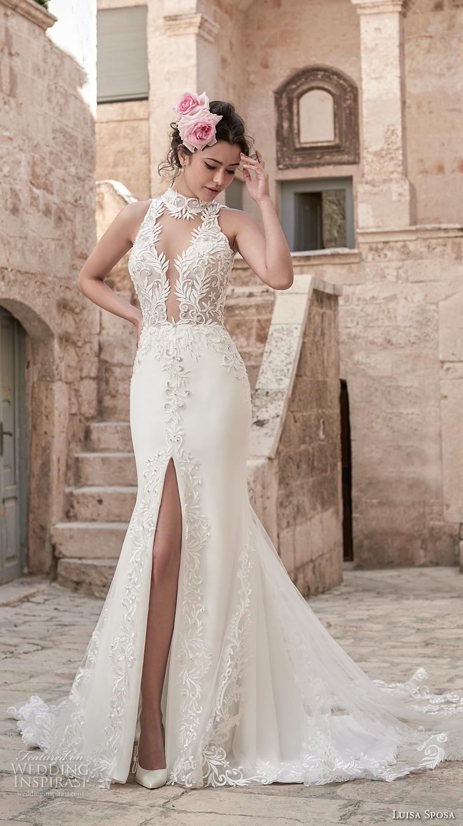 luisa sposa 2020 bridal sleeveless halter neck illusion v neck heavily embellished bodice slit skirt elegant sexy fit and flare wedding dress chapel train (2) mv luisa sposa 2020 bridal sleeveless halter neck illusion v neck heavily embellished bodice slit skirt elegant sexy fit and flare wedding dress chapel train (2) mv