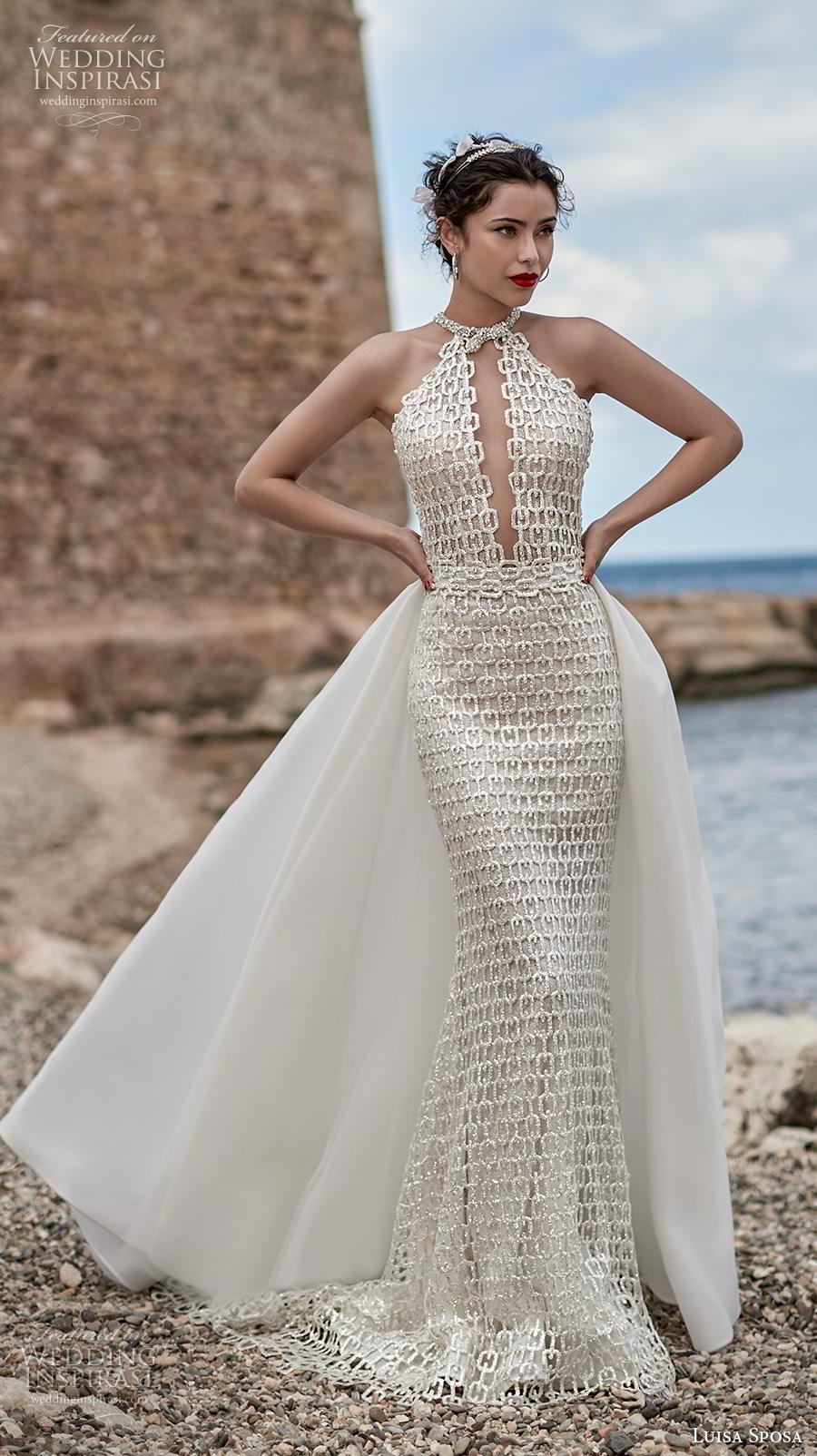luisa sposa 2020 bridal sleeveless halter neck keyhole bodice full embellishment glamorous elegant sheath wedding dress a line overskirt (21) mv luisa sposa 2020 bridal sleeveless halter neck keyhole bodice full embellishment glamorous elegant sheath wedding dress a line overskirt (21) mv