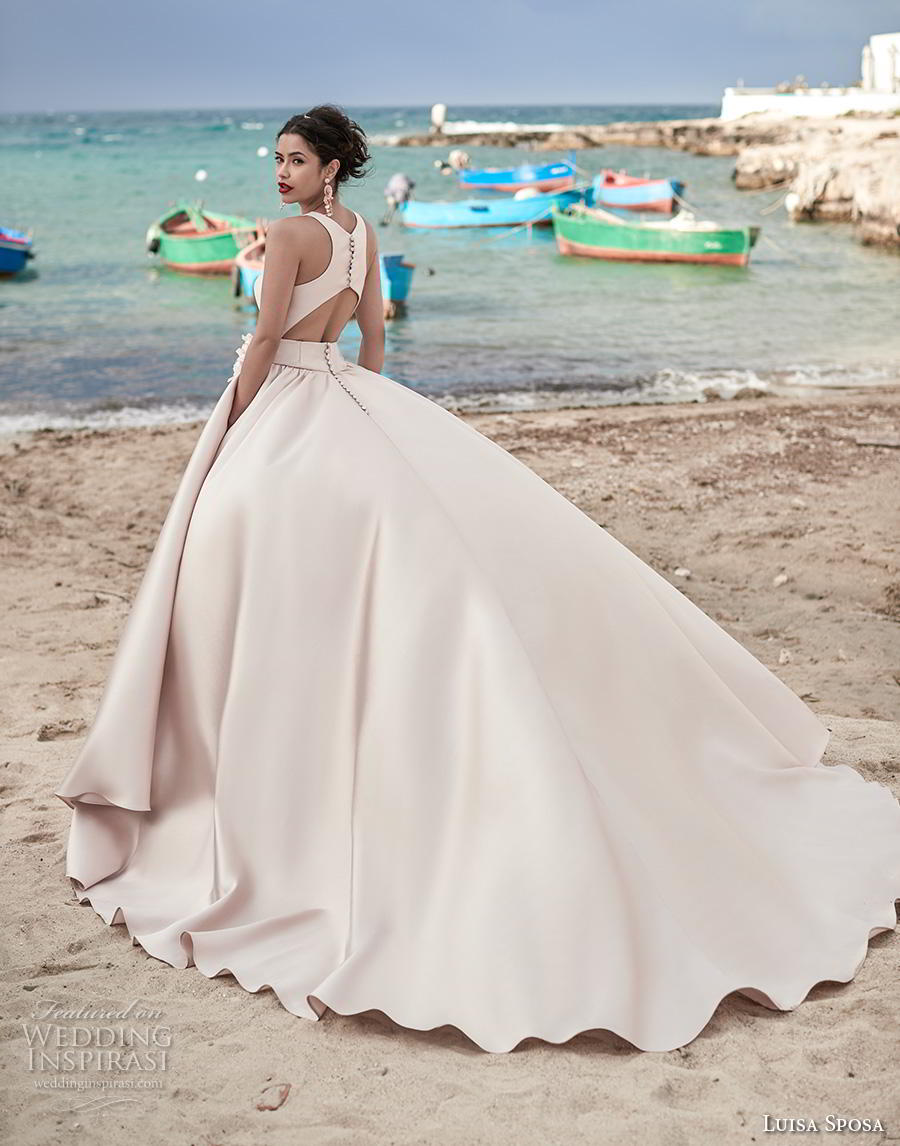 luisa sposa 2020 bridal sleeveless with strap square neckline simple minimalist princess blush ball gown a  line wedding dress keyhole back royal train (23) bv