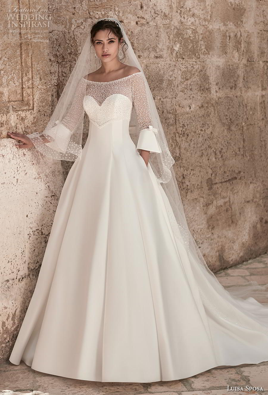 luisa sposa 2020 bridal three quarter lantern sleeves off the shoulder heavily embellished bodice princess a  line wedding dress with pockets chapel train (14) mv