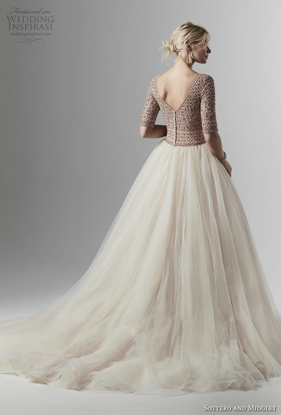 sottero and midgley fall 2019 bridal half sleeves bateau neck heavily embellished bodice tulle skirt princess ivory ball gown a  line wedding dress v back chapel train (10) bv