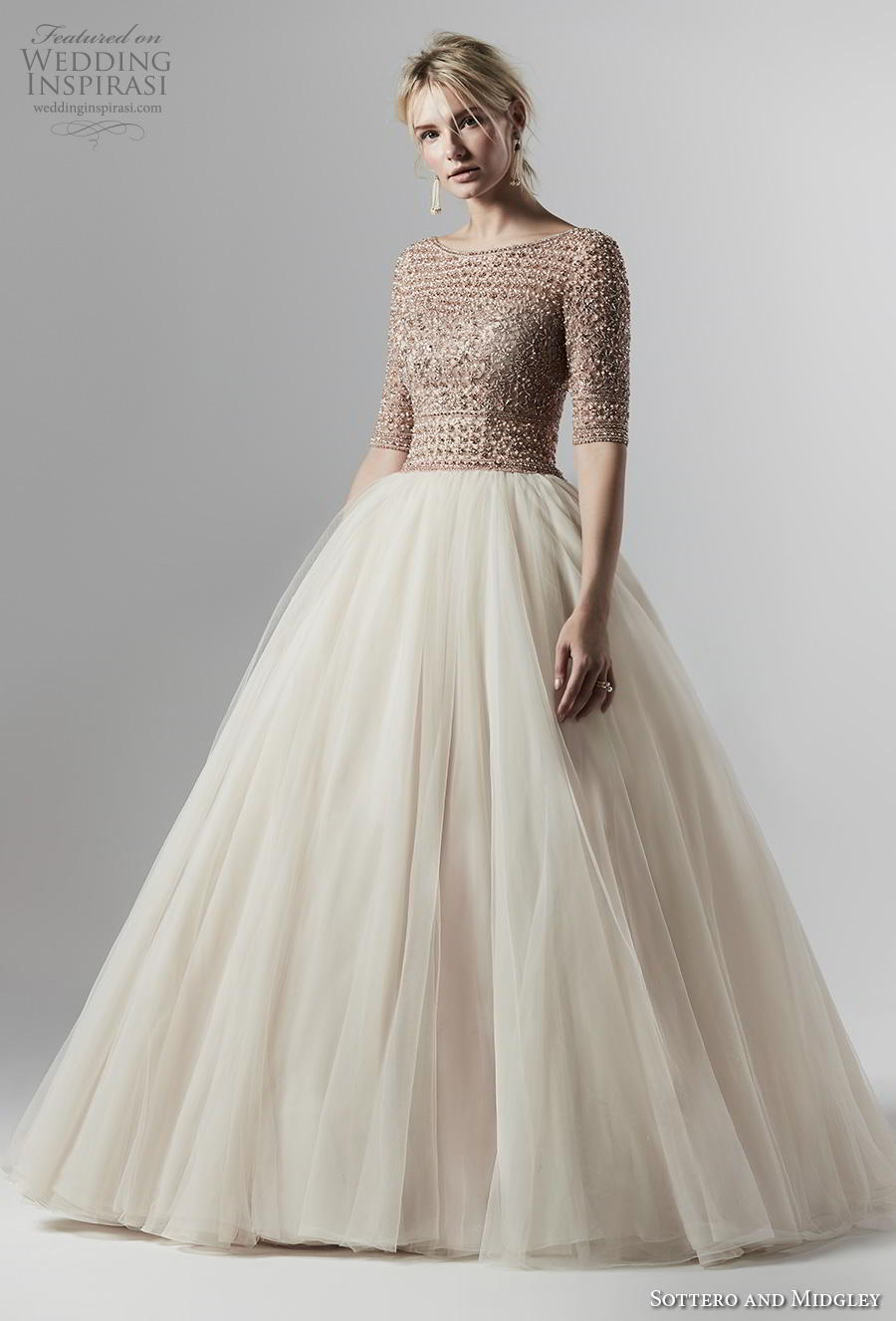 sottero and midgley fall 2019 bridal half sleeves bateau neck heavily embellished bodice tulle skirt princess ivory ball gown a  line wedding dress v back chapel train (10) mv