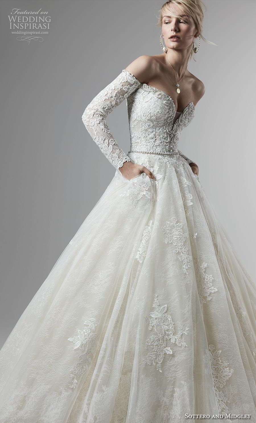 sottero and midgley fall 2019 bridal long sleeves off the shoulder sweetheart neckline heavily embellished bodice princess a  line wedding wedding dress pockets mid back chapel train (1) mv 