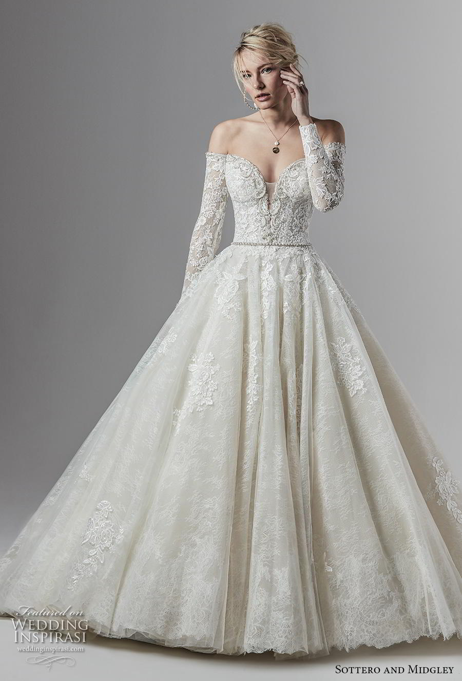 sottero and midgley fall 2019 bridal long sleeves off the shoulder sweetheart neckline heavily embellished bodice princess a  line wedding wedding dress with pockets mid back chapel train (1) mv