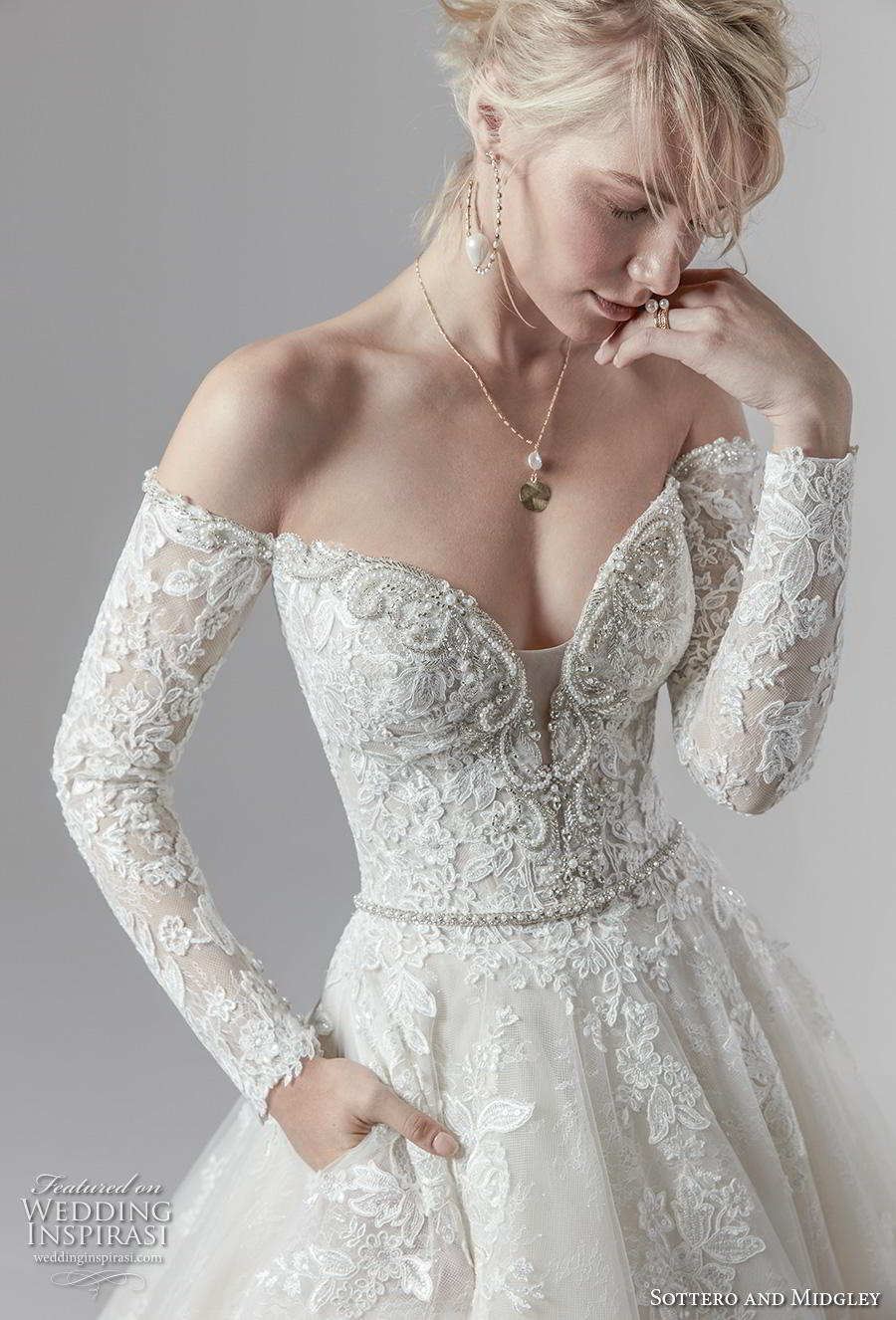 sottero and midgley fall 2019 bridal long sleeves off the shoulder sweetheart neckline heavily embellished bodice princess a  line wedding wedding dress with pockets mid back chapel train (1) zv