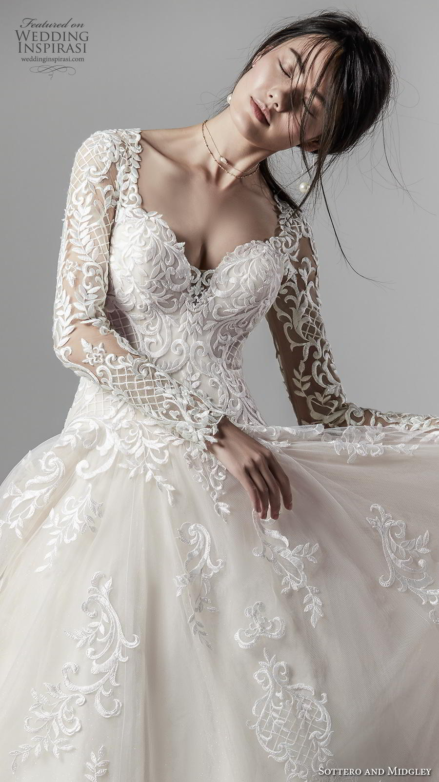 sottero and midgley fall 2019 bridal long sleeves sweetheart neckline heavily embellished bodice elegant ivory a  line wedding dress lace back chapel train (11) zv