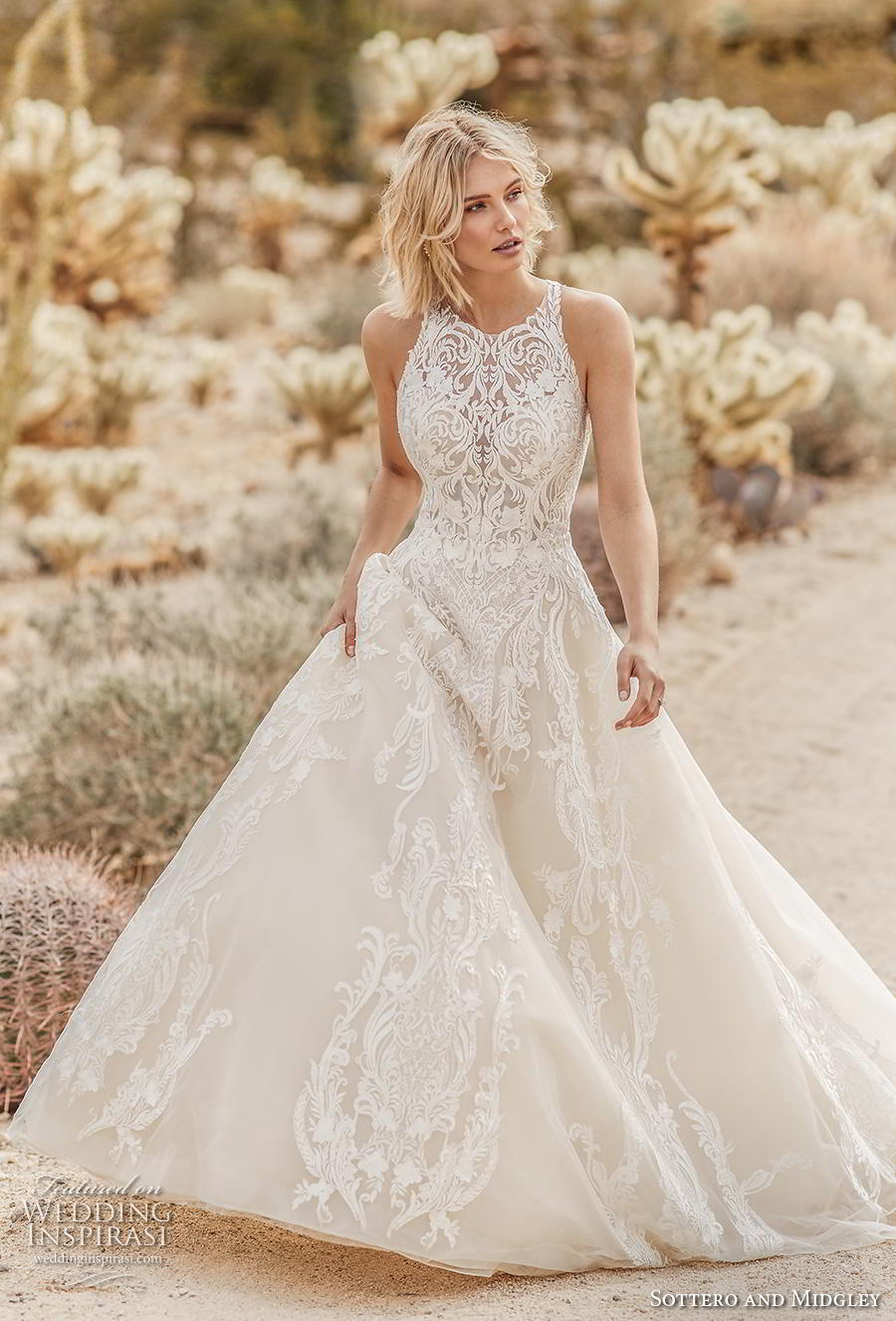 sottero and midgley fall 2019 bridal sleeveless halter neck heavily embellished bodice romantic a  line wedding dress covered lace back chapel train (4) mv