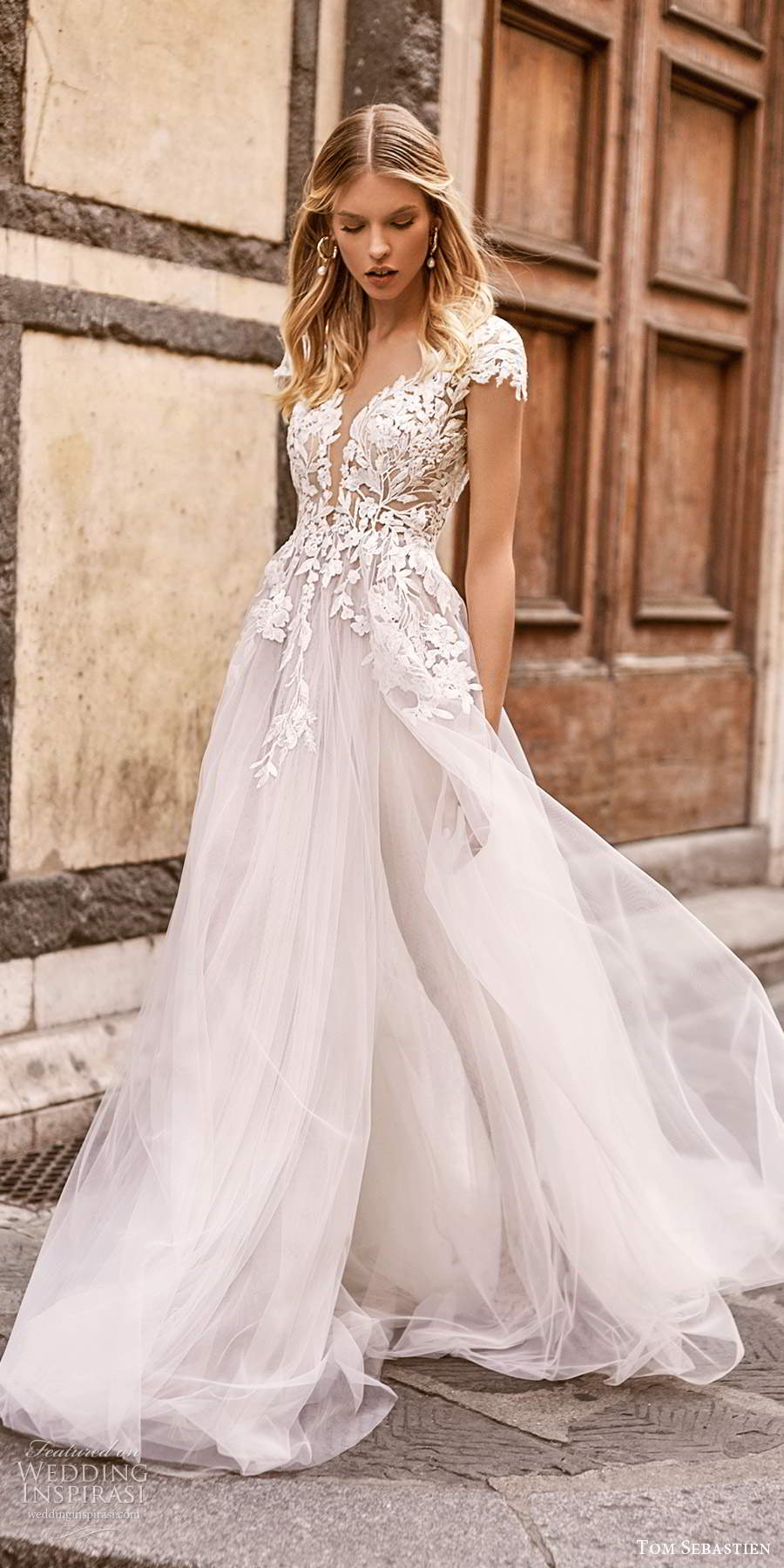 tom sebastien 2020 bridal cap sleeves plunging v neckline heavily embellished a line ball gown wedding dress v back chapel train (15) mv