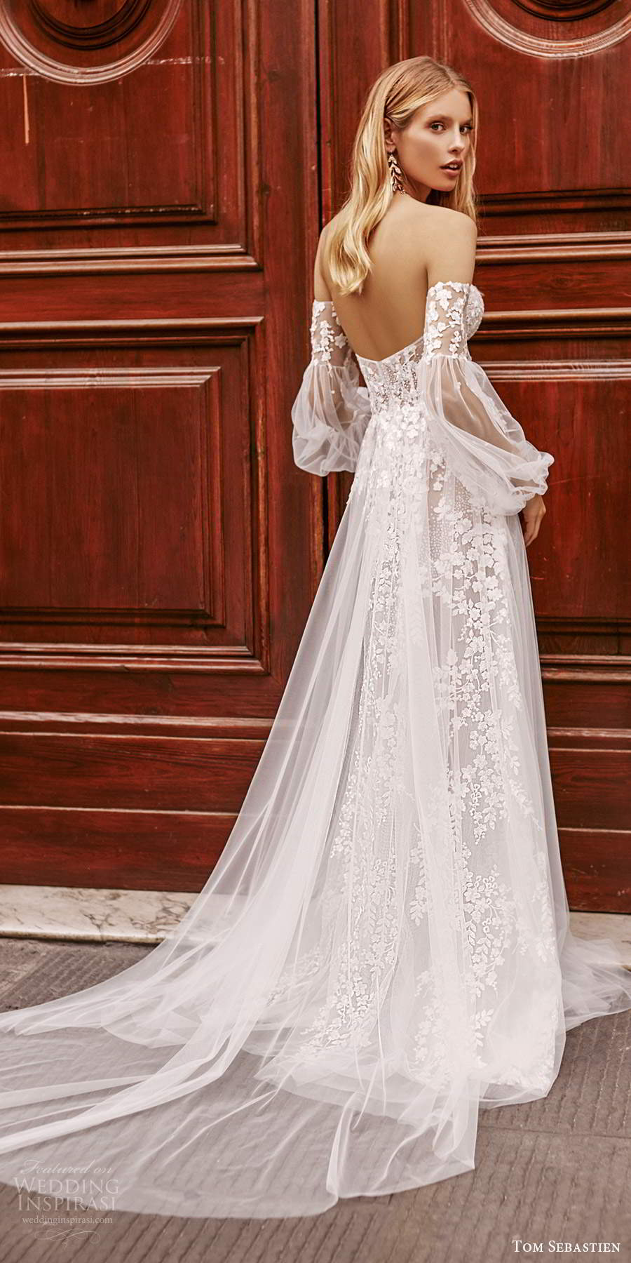 tom sebastien 2020 bridal detached sheer long poet sleeves strapless sweetheart neckline fully embellished a line ball gown wedding dress chapel train (10) bv