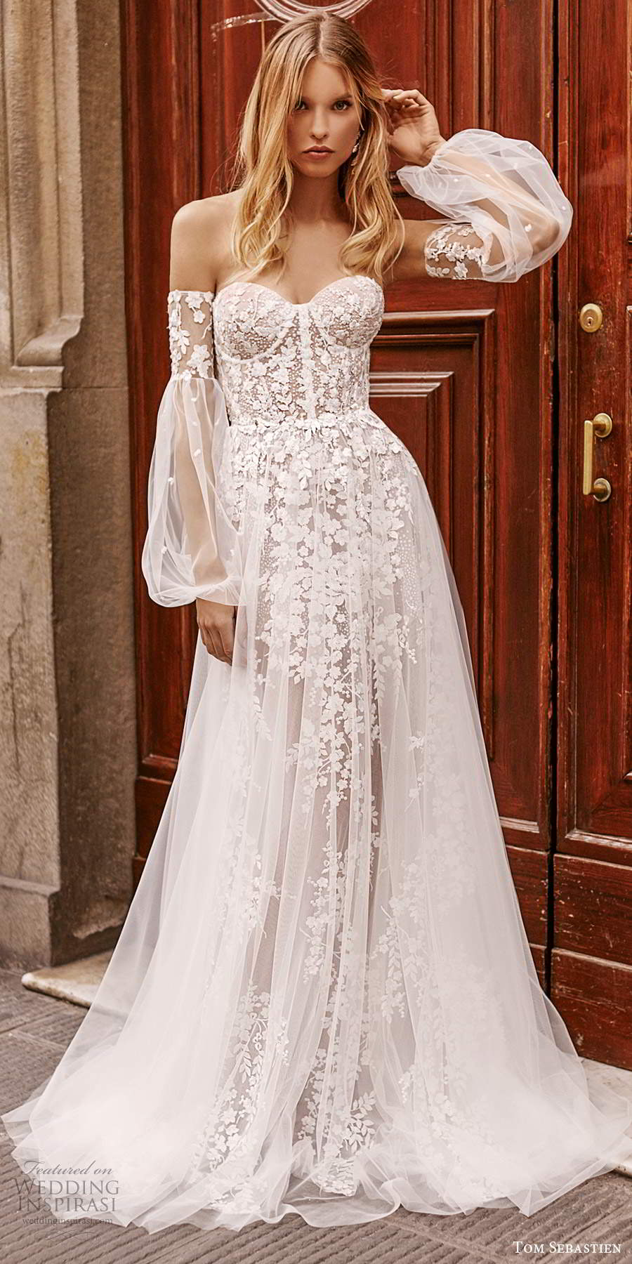 tom sebastien 2020 bridal detached sheer long poet sleeves strapless sweetheart neckline fully embellished a line ball gown wedding dress chapel train (10) fv