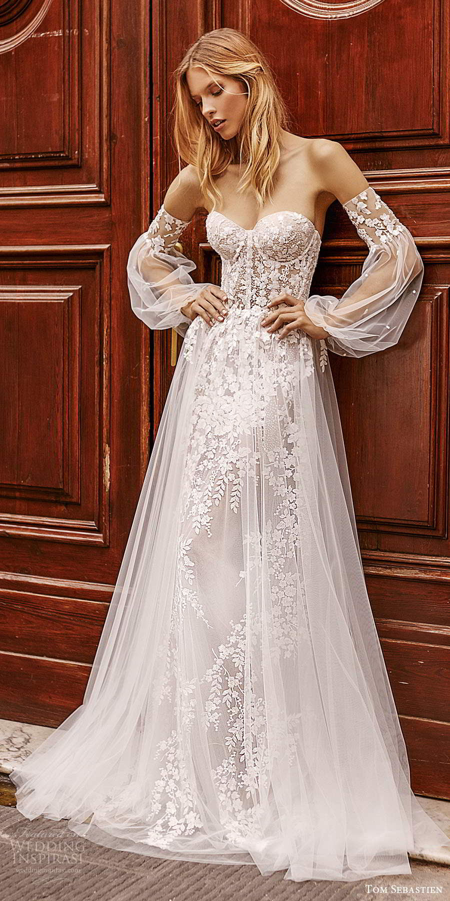 tom sebastien 2020 bridal detached sheer long poet sleeves strapless sweetheart neckline fully embellished a line ball gown wedding dress chapel train (10) mv