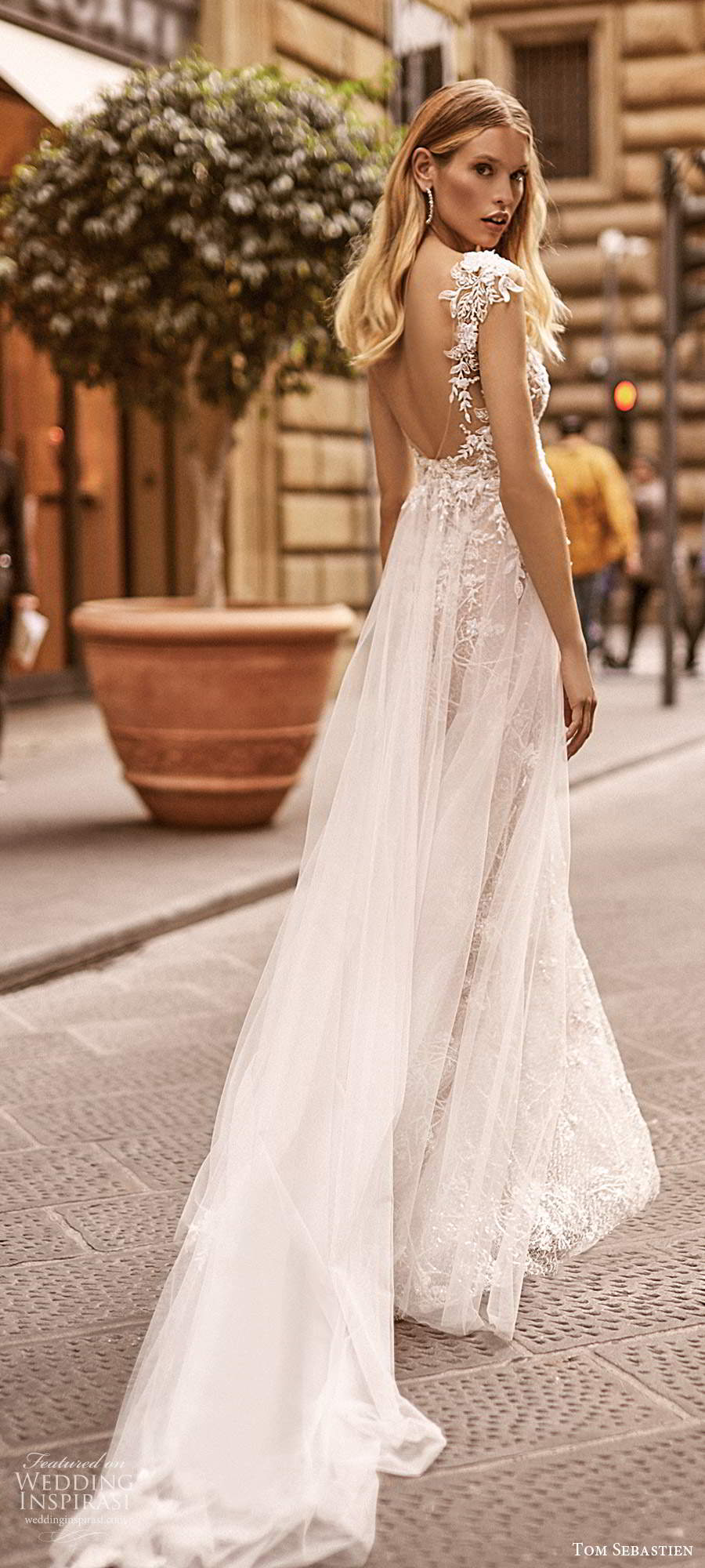 tom sebastien 2020 bridal illusion cap sleeves plunging v neckeline fully embellished sheath sheer a line overskirt wedding dress sheer back chapel train (8) bv