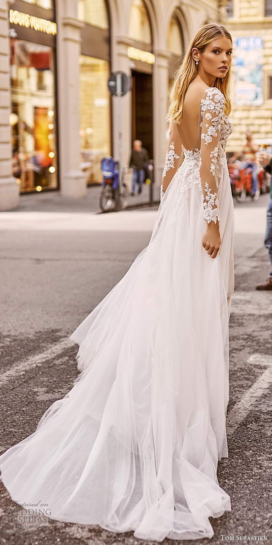 tom sebastien 2020 bridal illusion long sleeves pluging v neckline embellished bodice soft a line wedding dress slit skirt chapel train (2) bv